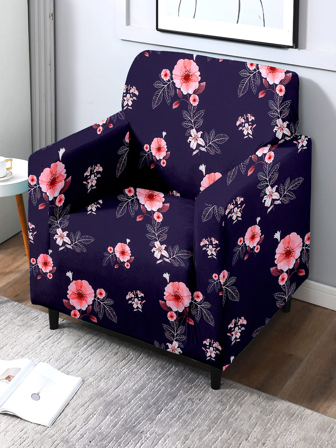 Cortina Purple Floral Polyester Anti Slip 3PC Straight Single Seater Sofa Cover-35x57In