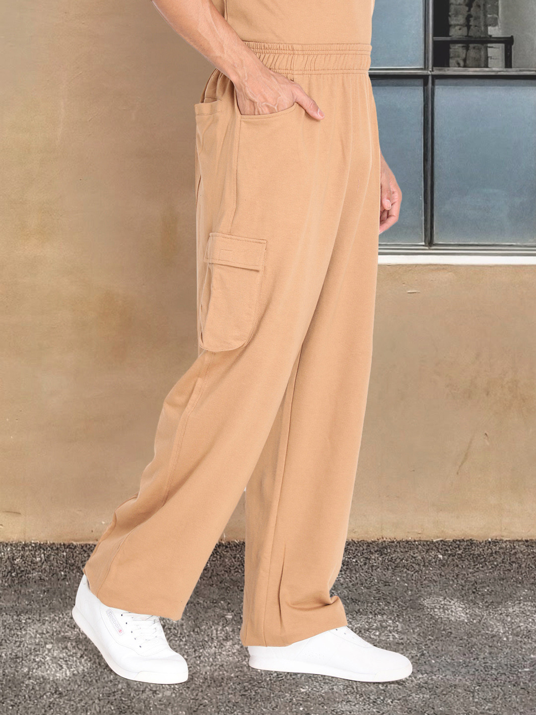 CHKOKKO Men Camel Brown Solid Relaxed-Fit Track Pants