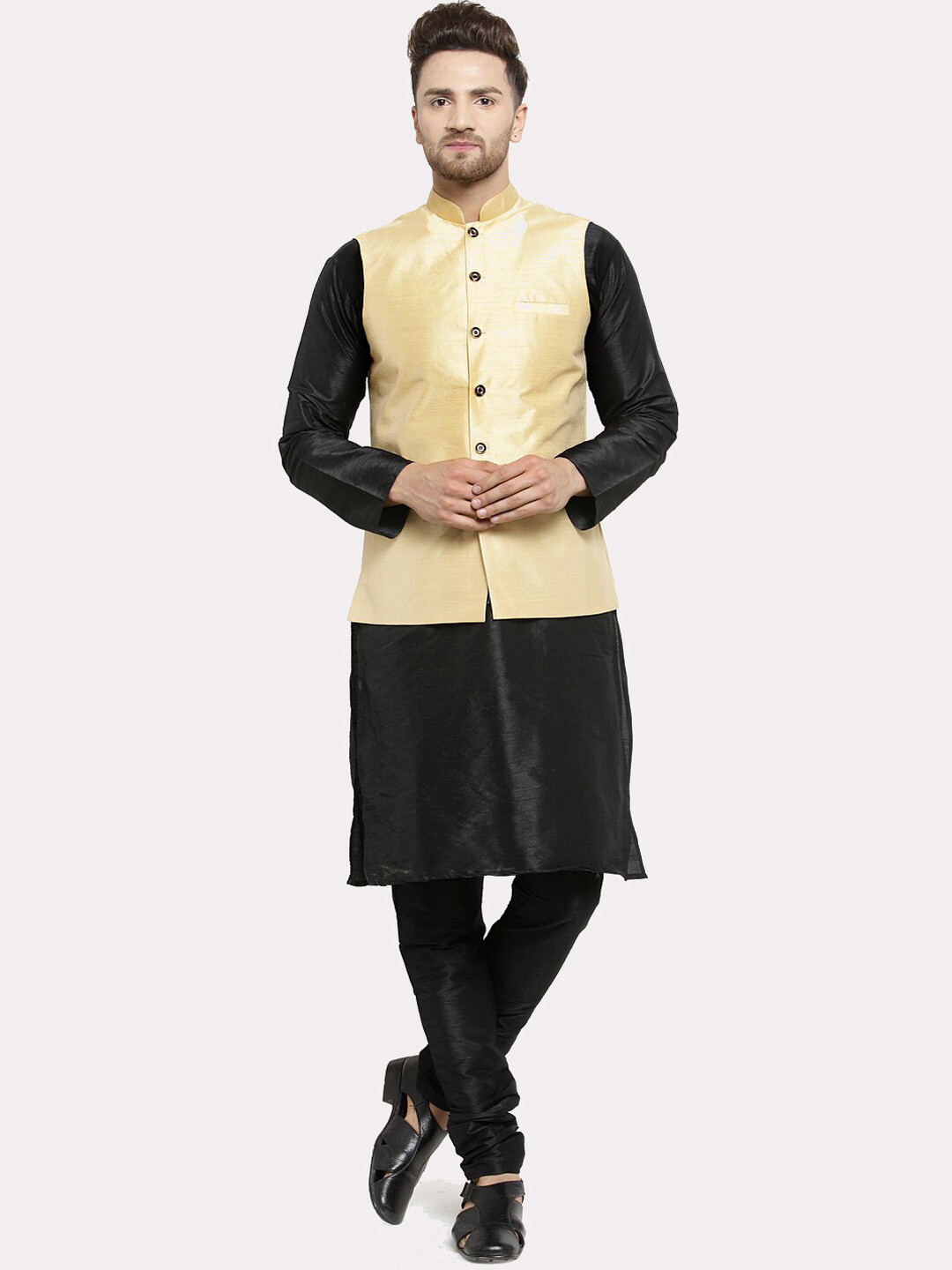 Kaifoo Men Black and Cream colour Kurta Set With Nehru Jacket