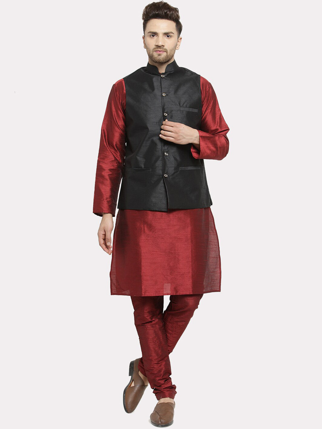 Kaifoo Men Maroon Kurta Set With Nehru Jacket