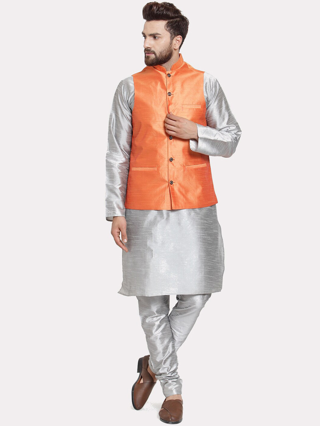Kaifoo Men Silver-Tone and Orange Kurta with Churidar