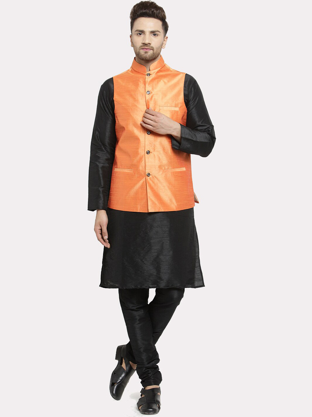 Kaifoo Men Black and orange Kurta Set With Nehru Jacket