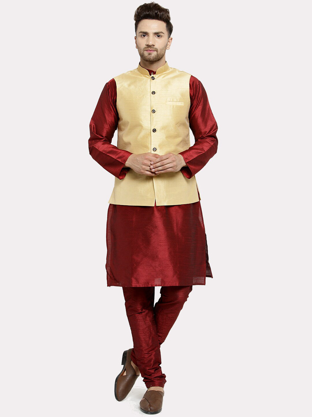 Kaifoo Men Maroon and Cream colour Kurta Set With Nehru Jacket