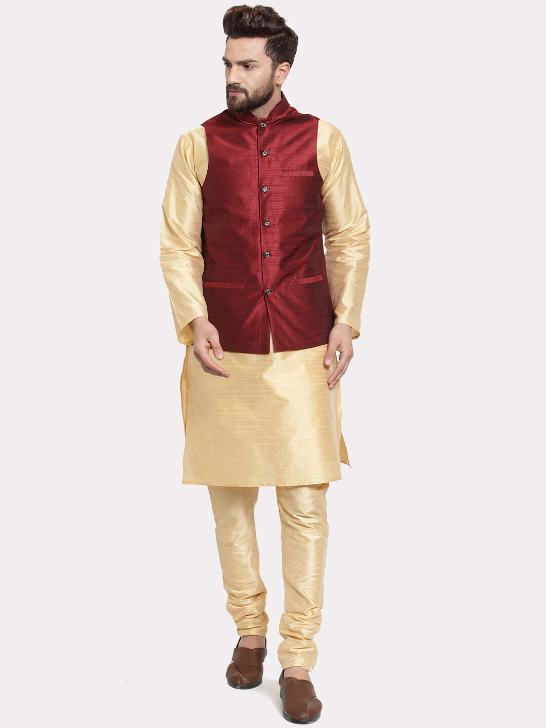 Kaifoo Men Gold-Toned and maroon Kurta with Churidar