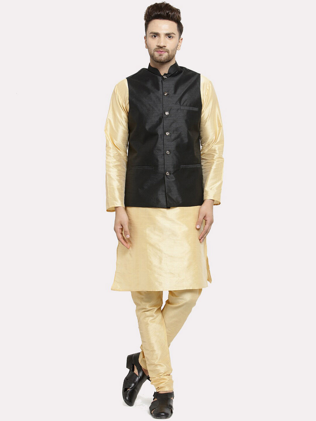Kaifoo Men Gold-Toned Black Kurta with Churidar Nehru Jacket