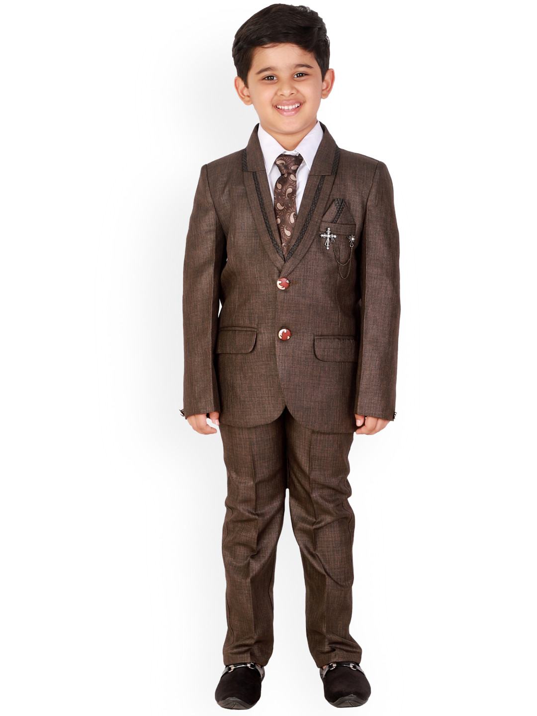 DKGF FASHION Boys Brown Printed 4-Piece Party Suit