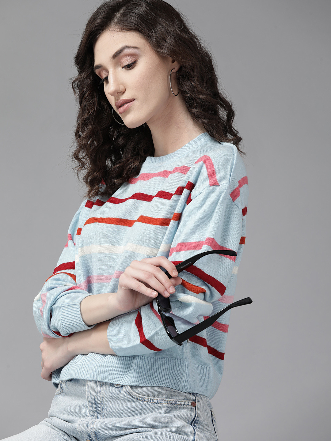 The Roadster Lifestyle Co. Women Blue Striped Acrylic Drop-Shoulder Sleeves Pullover
