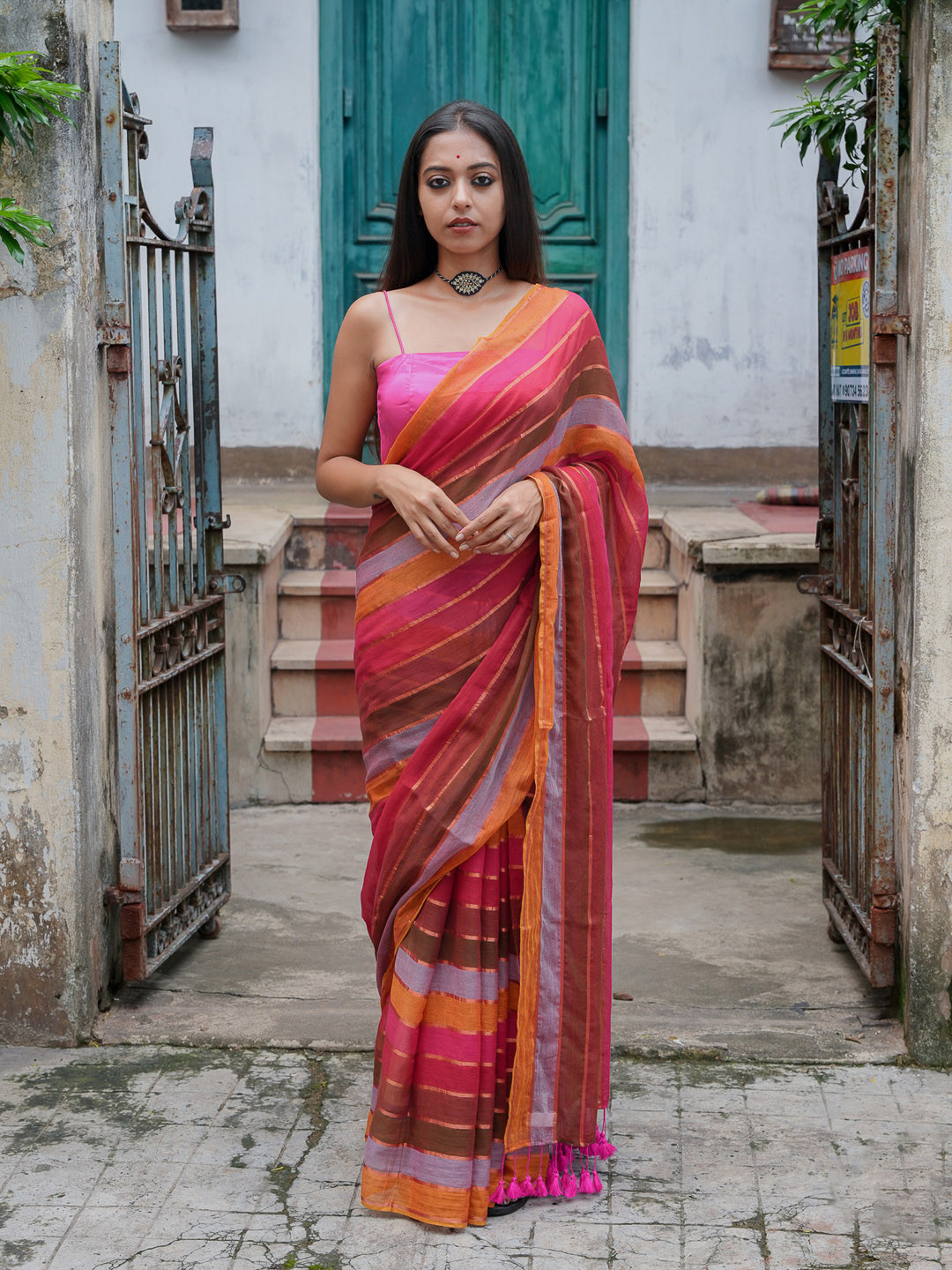 Suta Pink & Multicoloured Striped Saree