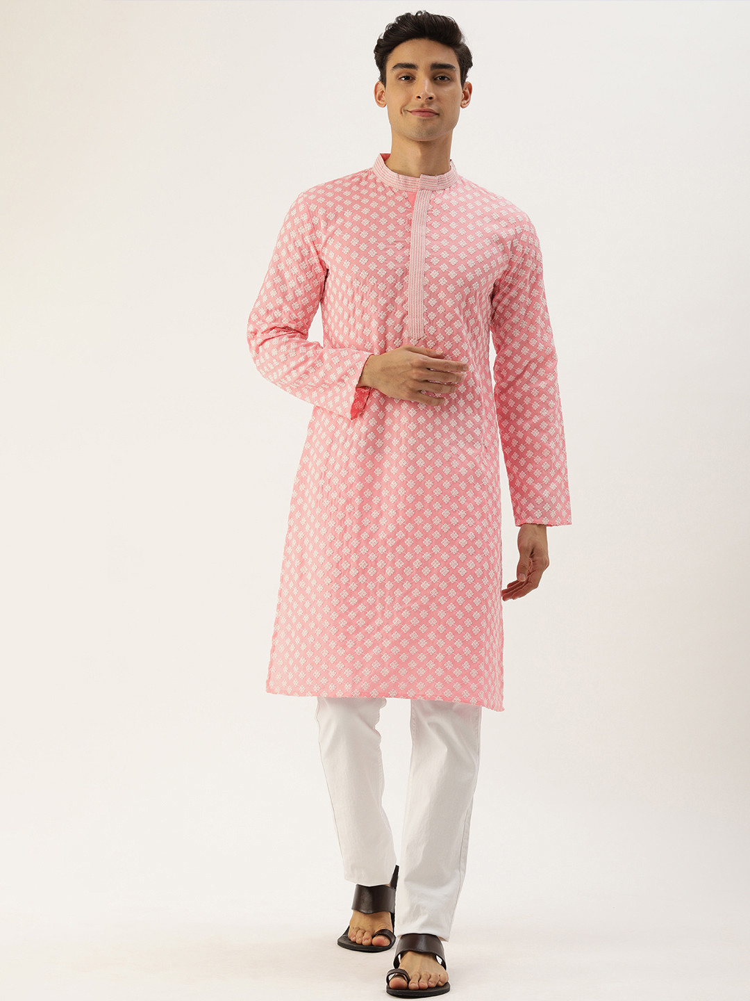 SWAGG INDIA Men Pink & White Ethnic Motifs Embroidered Chikankari Kurta