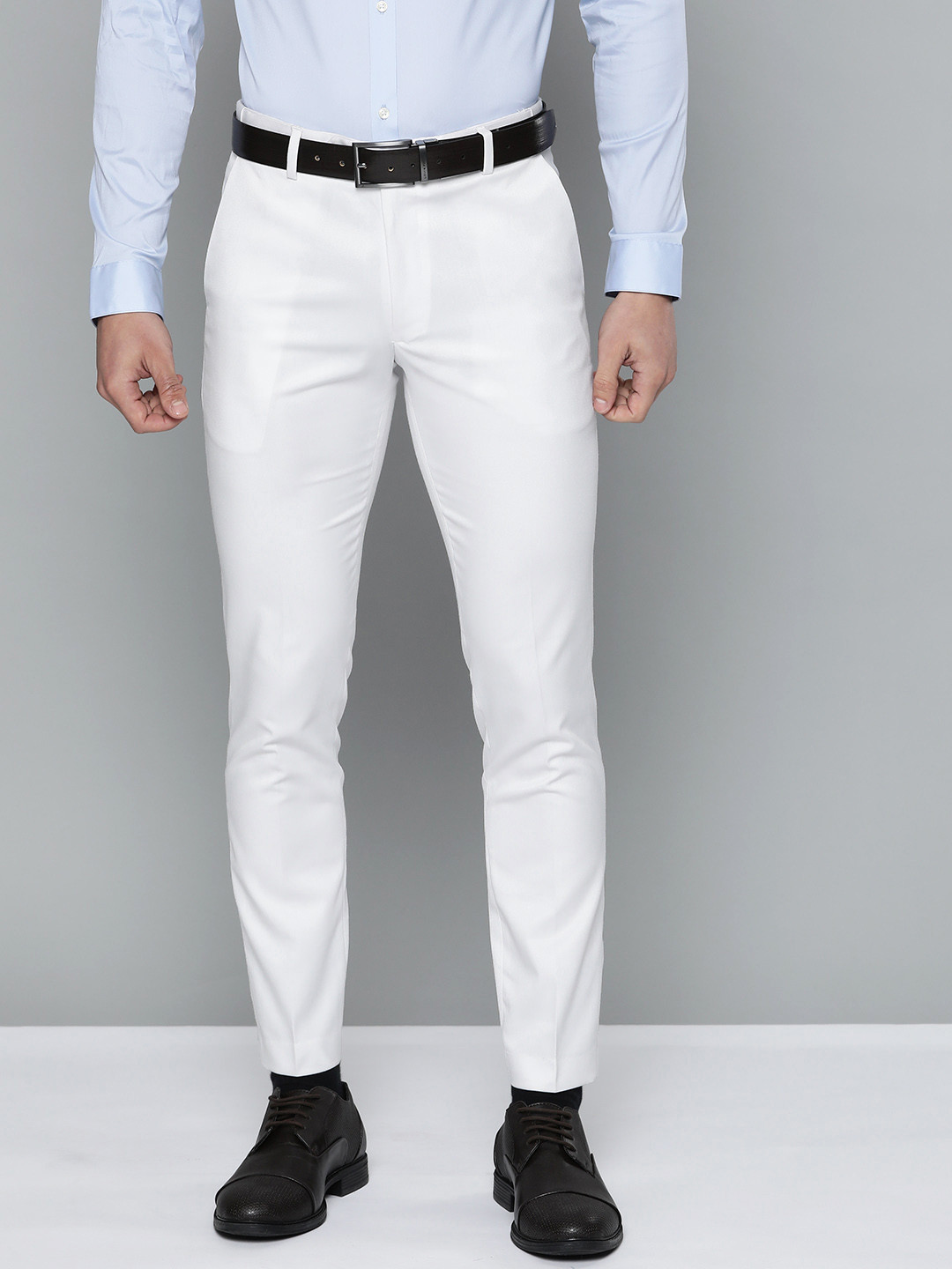 DENNISON Men White Solid Smart Auto Fit Waist Formal Tapered FitTrousers