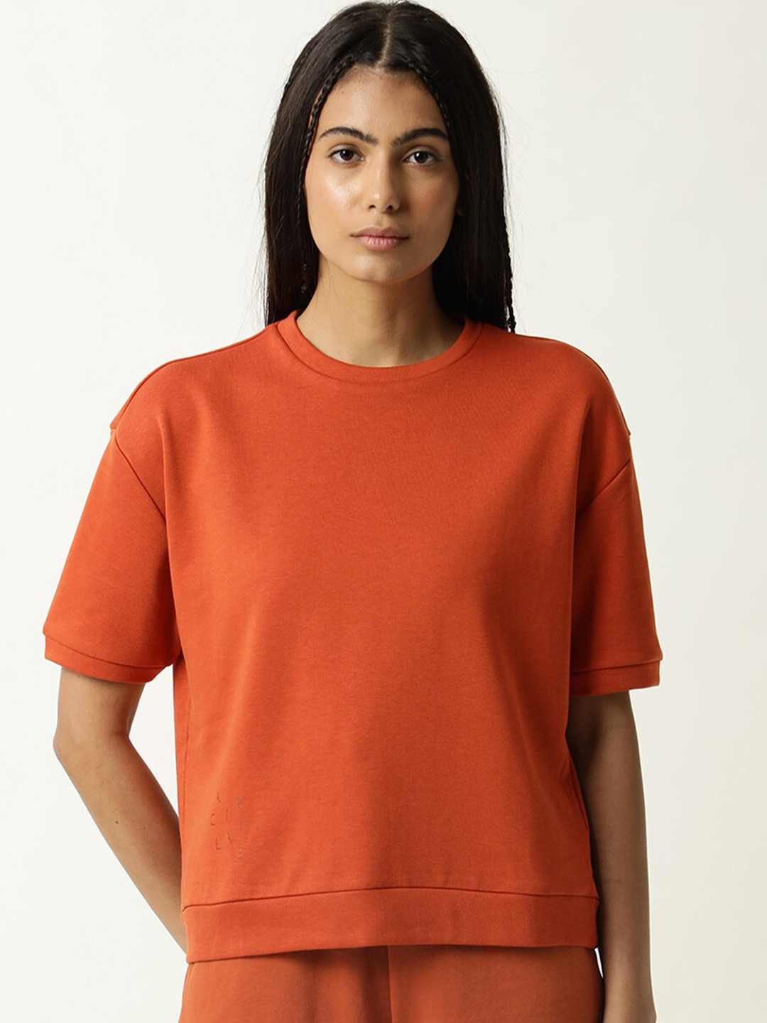 ARTICALE Women Orange Drop-Shoulder Sleeves Slim Fit T-shirt