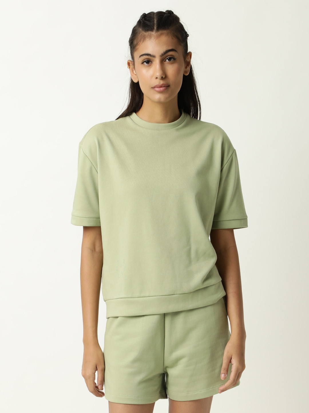 ARTICALE Women High Neck Drop-Shoulder Sleeves Raw Edge Slim Fit T-shirt