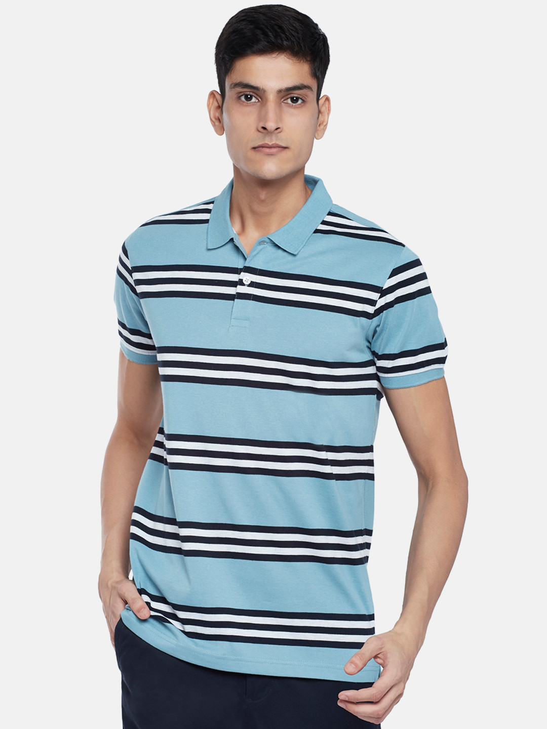 BYFORD by Pantaloons Men Blue & dark sapphire Striped Polo Collar Slim Fit Outdoor T-shirt