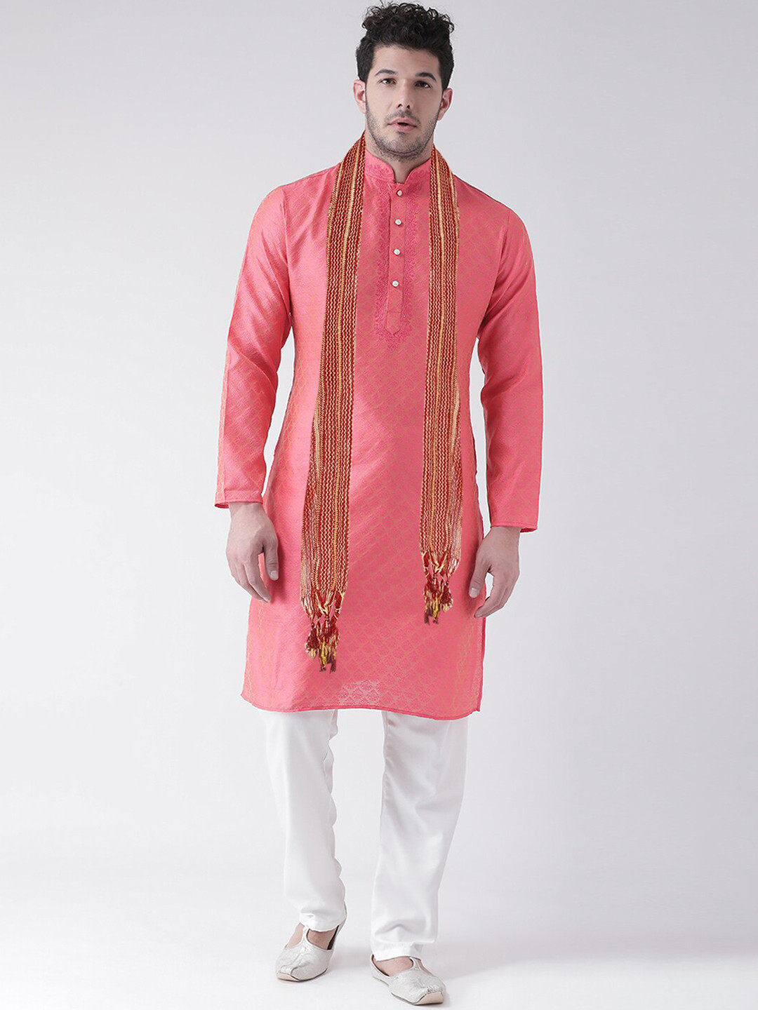 SG LEMAN Men Peach Raw Silk Kurta with Pyjamas & Dupatta