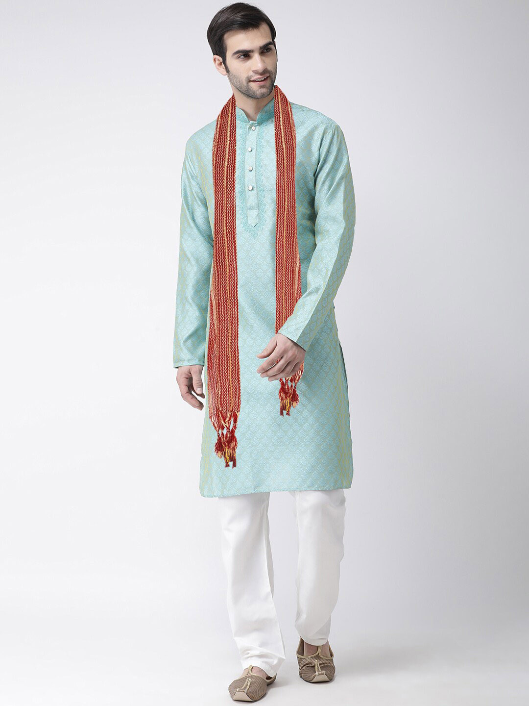 SG LEMAN Men Turquoise Blue Raw Silk Kurta with Pyjamas & With Dupatta
