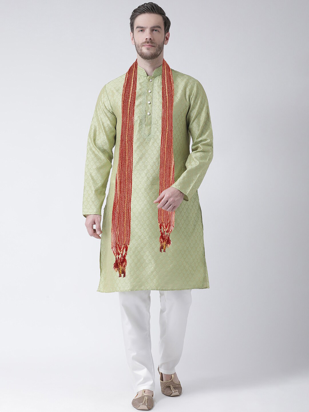 SG LEMAN Men Sea Green Raw Silk Kurta with Pyjamas & With Dupatta