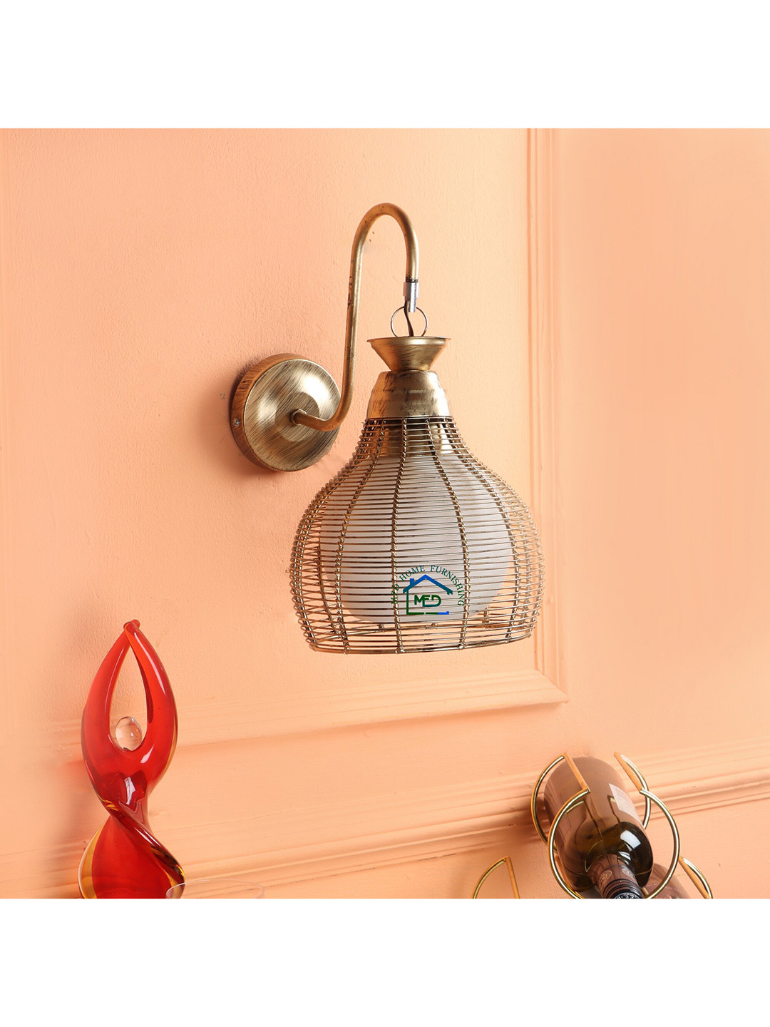 MFD HOME FURNISHING Gold Toned Cutdoom Glass Side Wall Lamp