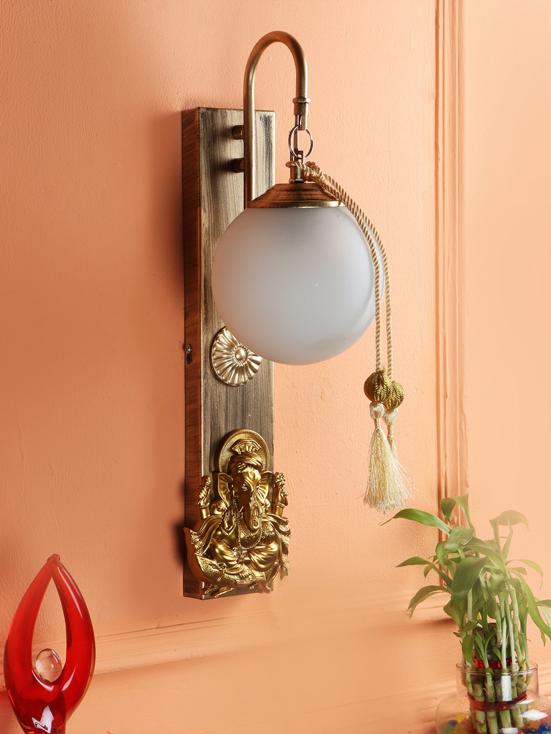 MFD HOME FURNISHING Gold-Tone Doom Glass Ganesh ji Wall Lamp