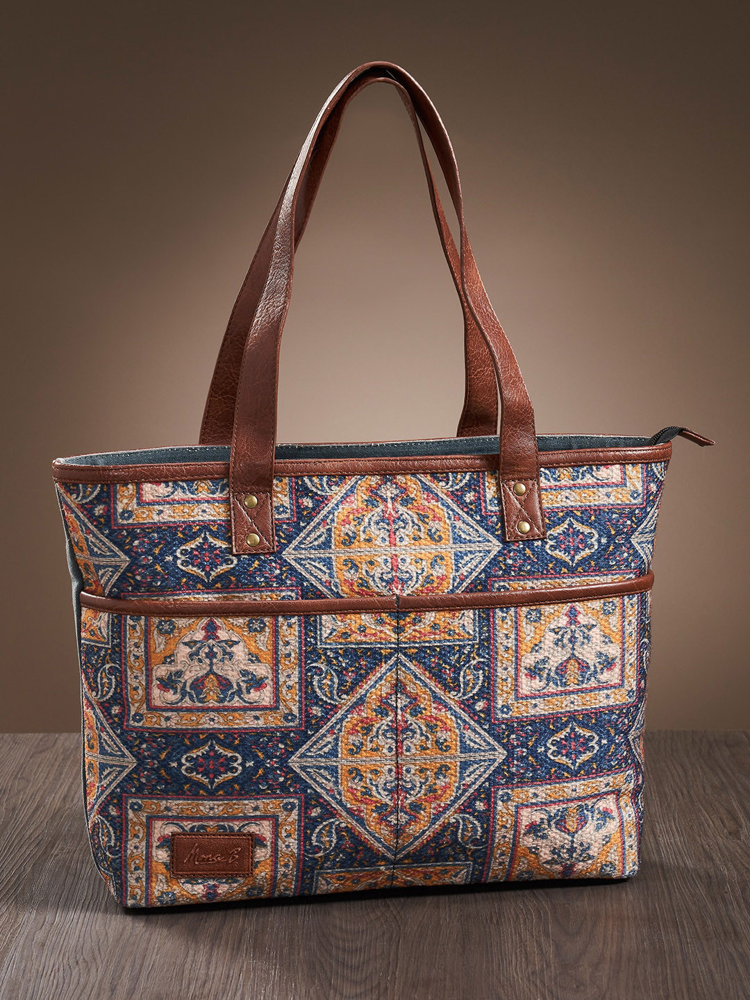 Mona B Brown Large Kilim Inspired Upcycled Canvas Handbag