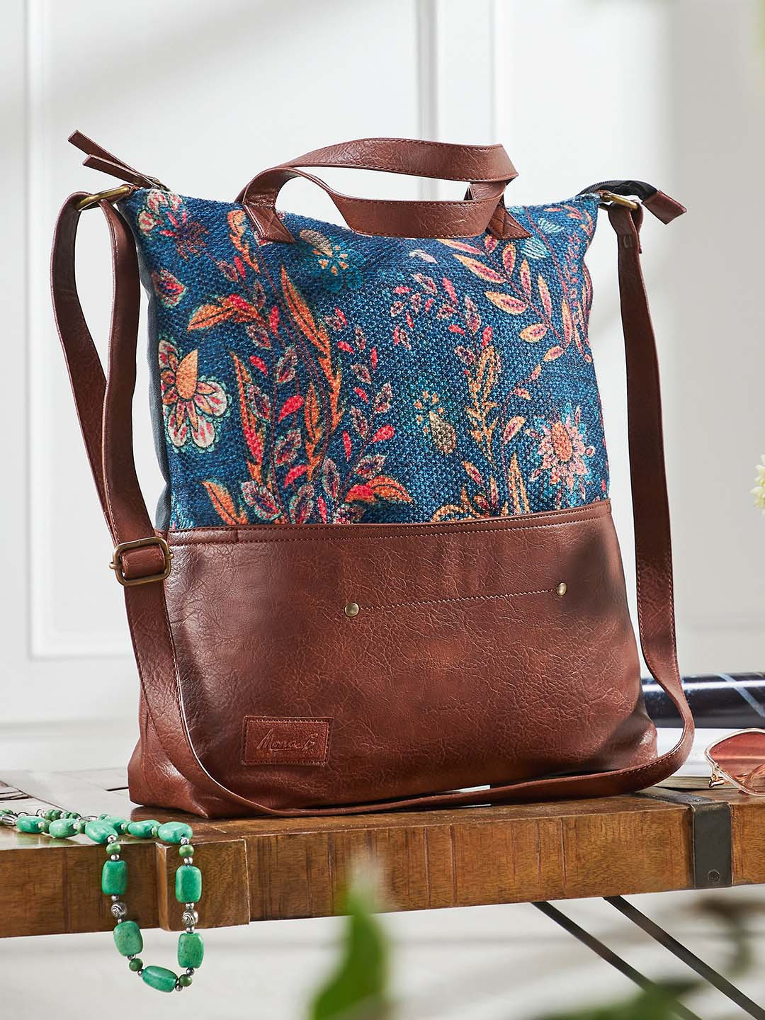 Mona B Blue Printed Large Kilim Inspired Upcycled Canvas Handbag