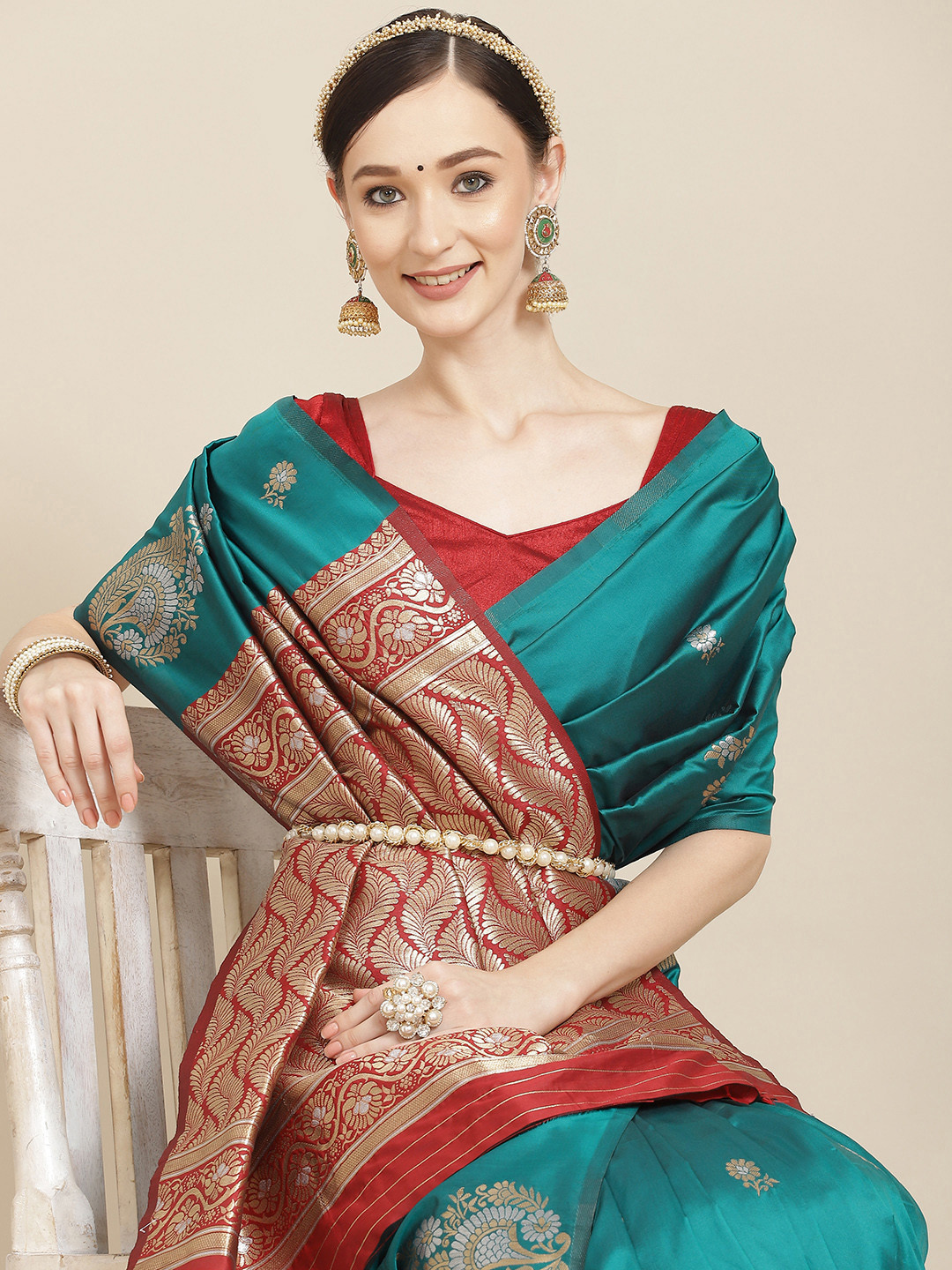 Leeza Store Teal & Red Ethnic Motifs Zari Silk Blend Banarasi Saree