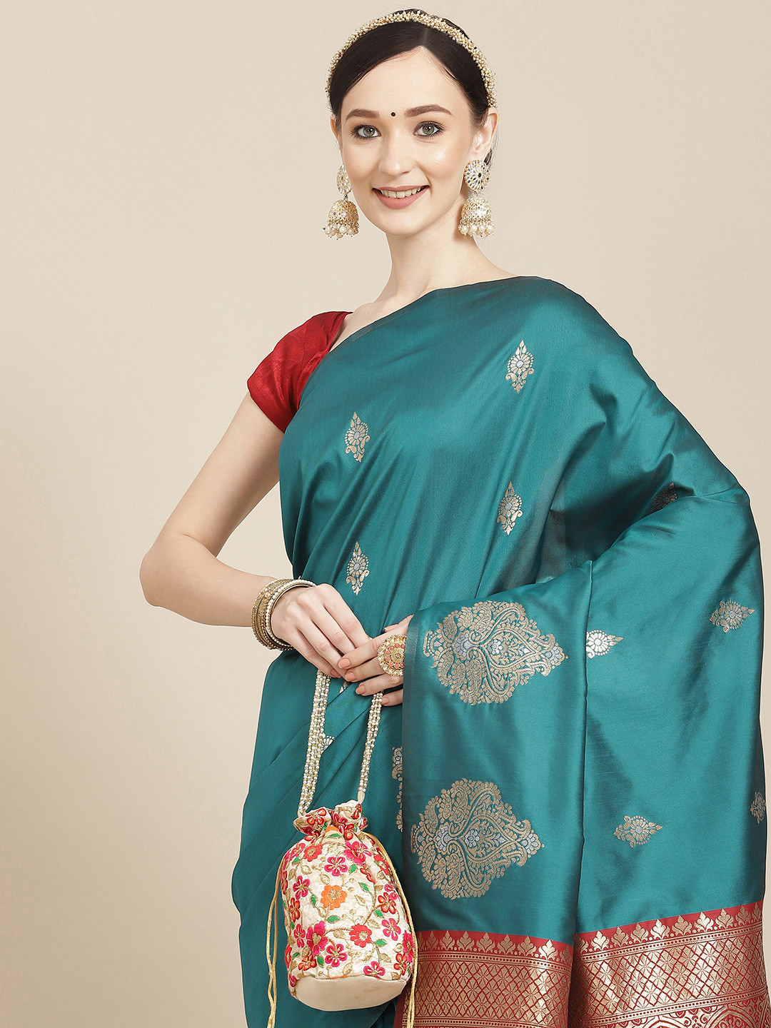 Leeza Store Teal & Red Ethnic Motifs Zari Silk Blend Banarasi Saree