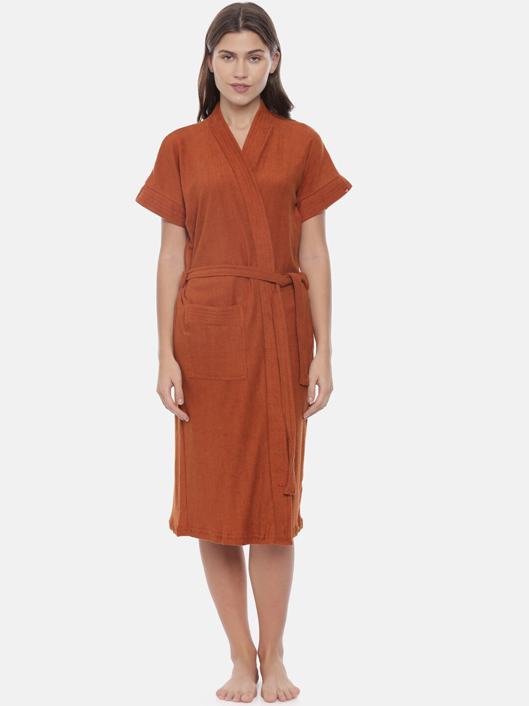 GOLDSTROMS Brown Solid Cotton Drawstring Knee Length Bath Robe