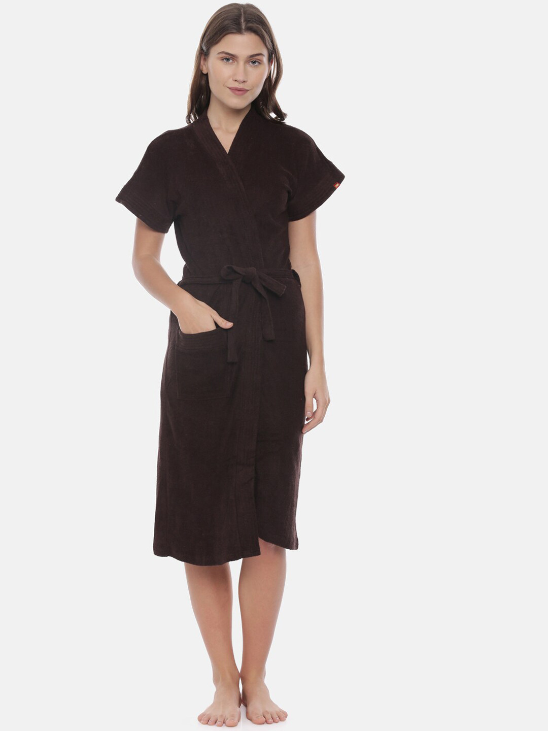 GOLDSTROMS Brown Solid Cotton Drawstring Knee Length Bath Robe