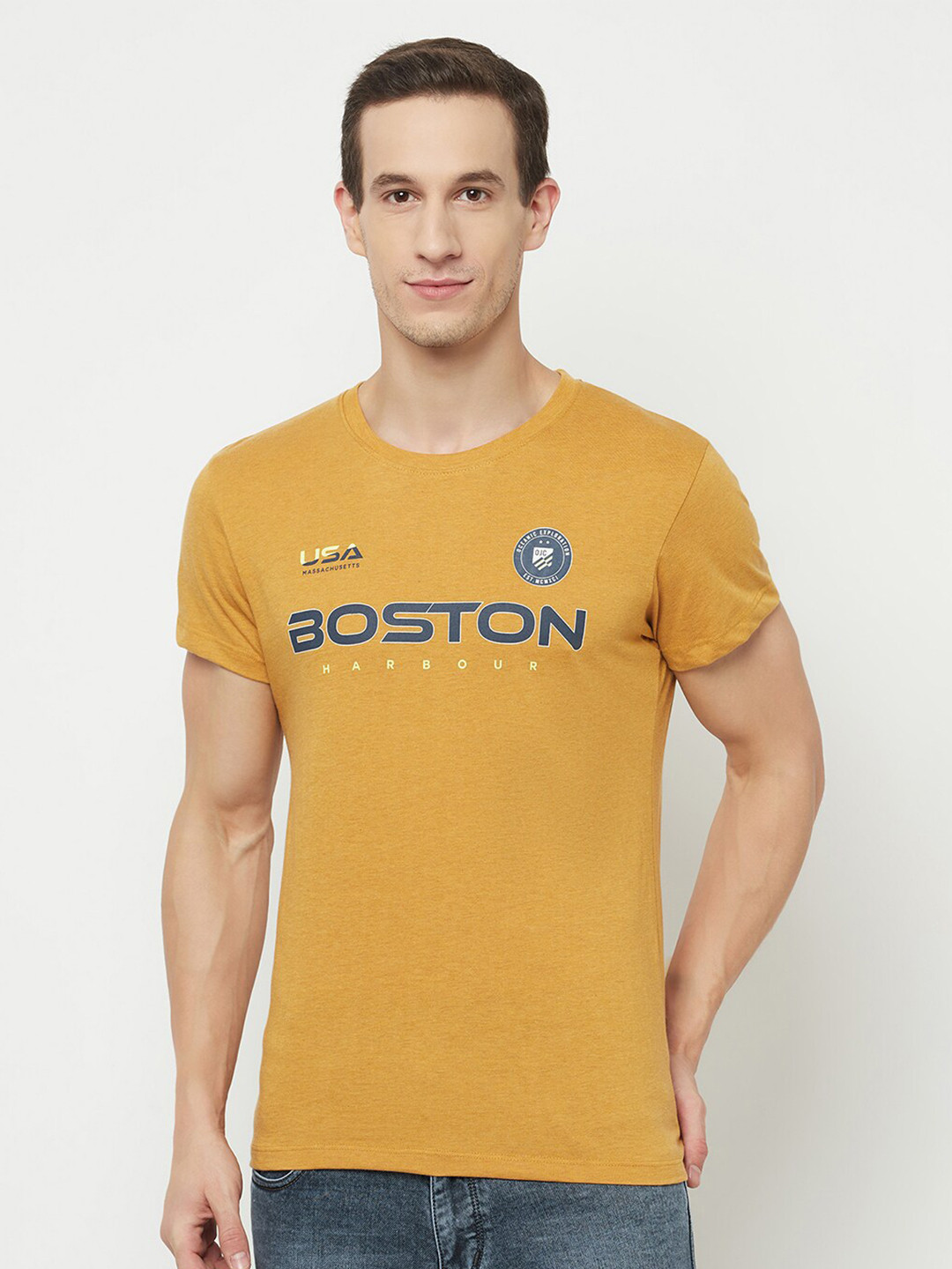 Octave Men Yellow & honey gold Typography Printed Applique T-shirt