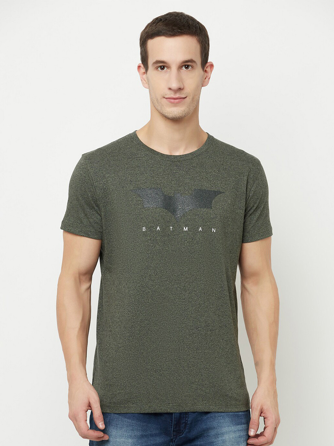 Octave Men Olive Green Typography Batman Printed Applique T-shirt