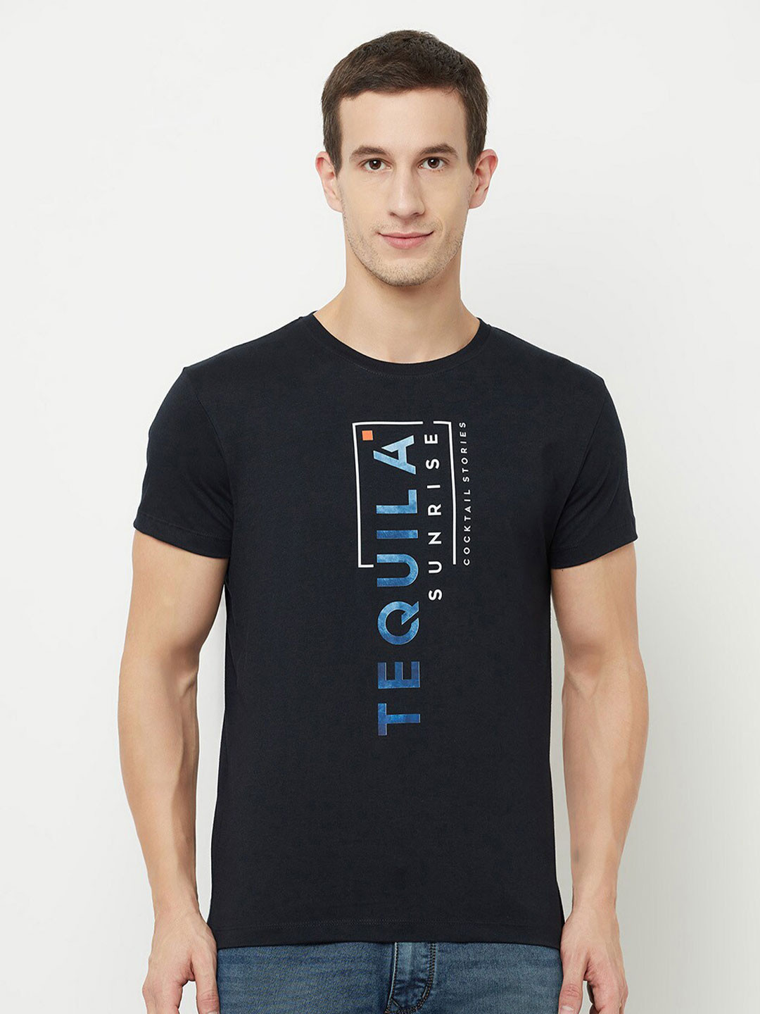 Octave Men Navy Blue & raisin black Typography Printed Raw Edge T-shirt