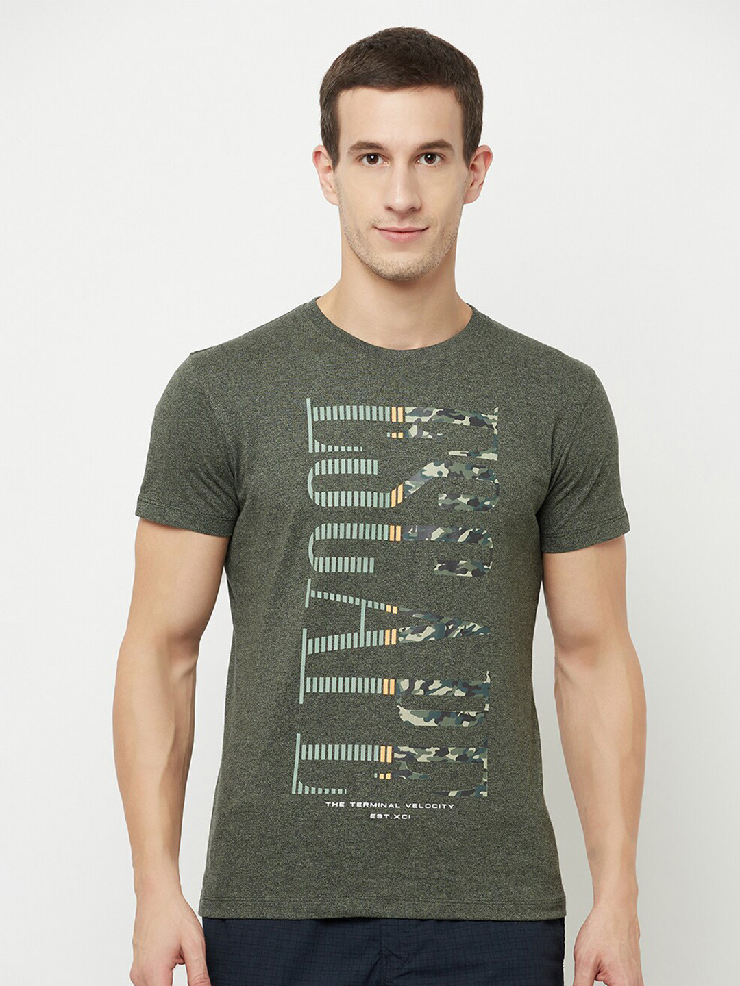 Octave Men Olive Green Typography Printed Raw Edge T-shirt