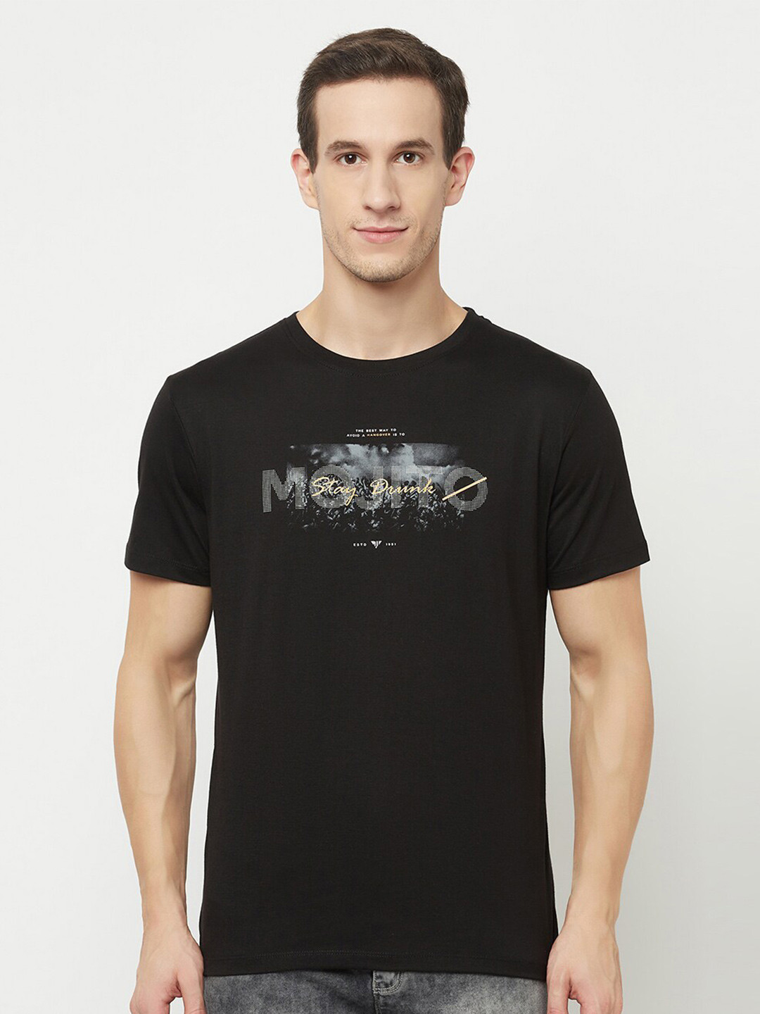Octave Men Black Printed Raw Edge T-shirt