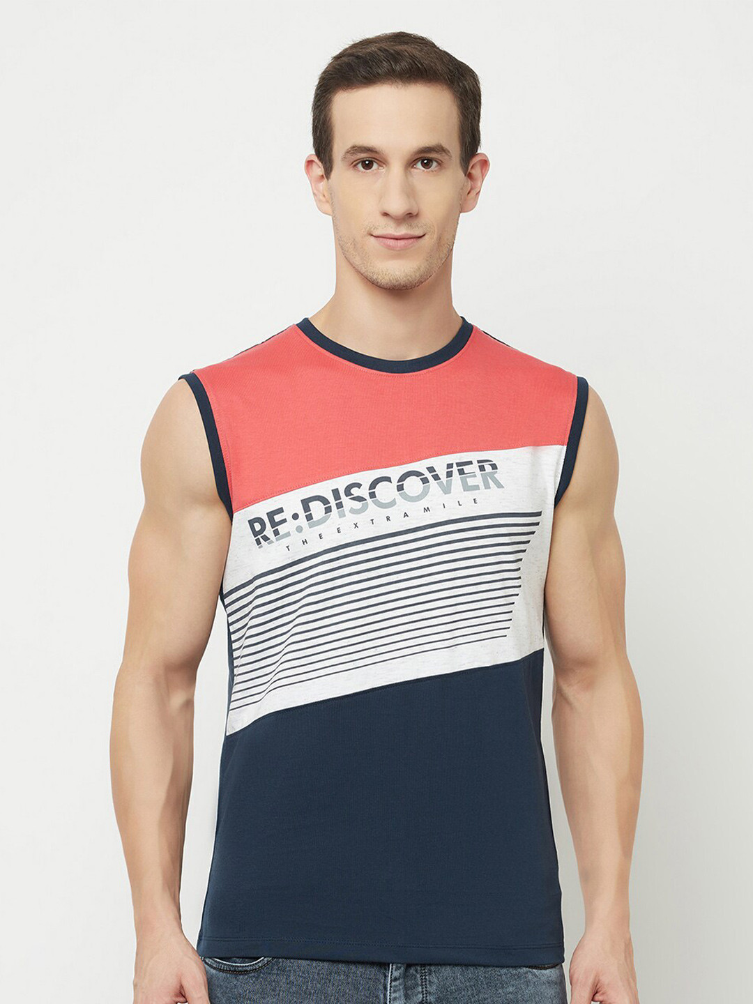 Octave Men Coral Striped Applique T-shirt