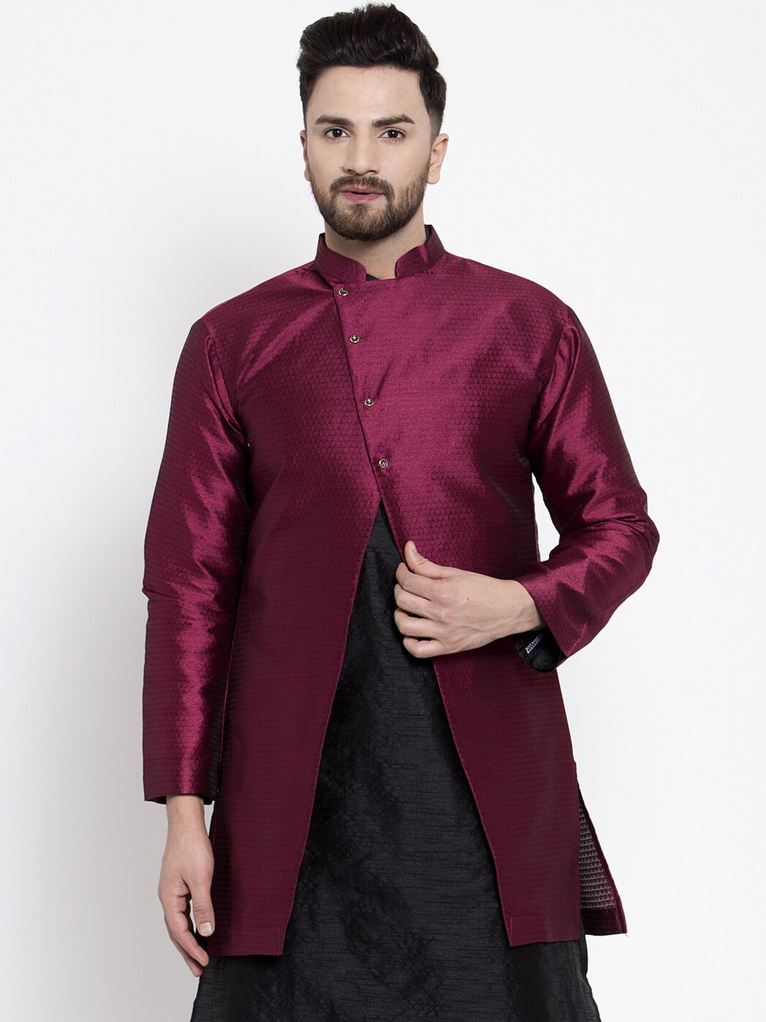 Kaifoo Men Maroon Striped Longline Tailored Jacket