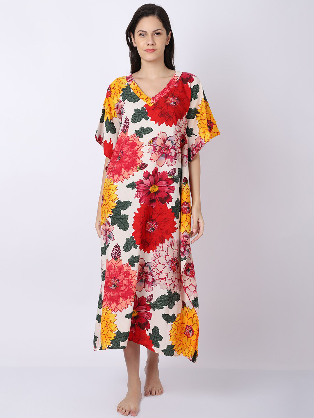 Aoba Women White & Red Floral Printed Kaftan Nightdress