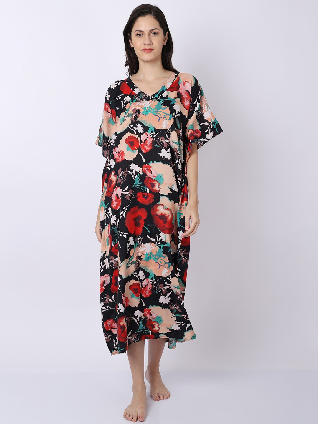 Aoba Black Floral Printed Maxi Kaftan Nightdress