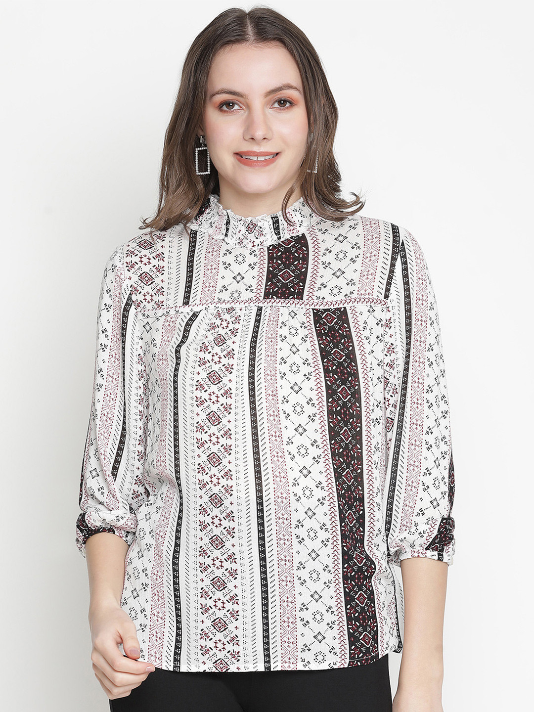 Oxolloxo White Print Tie-Up Neck Crepe Top