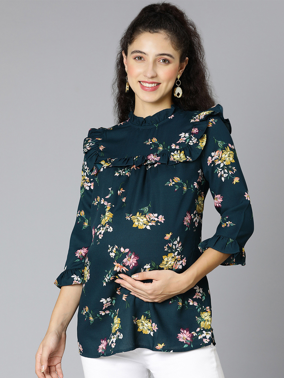 Oxolloxo Green & Yellow Floral Print Ruffles Top