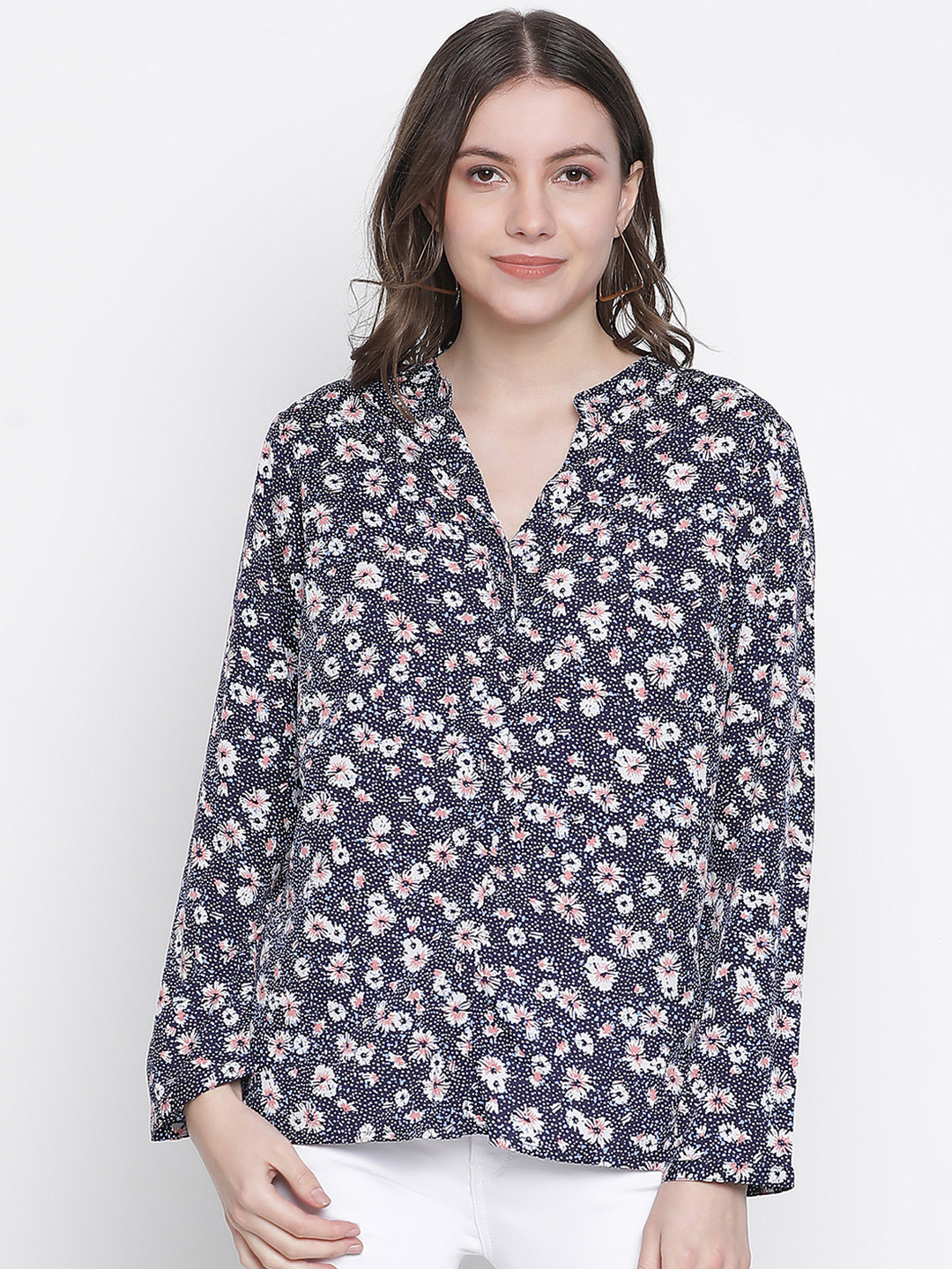 Oxolloxo Navy Blue Floral Print Wrap Top