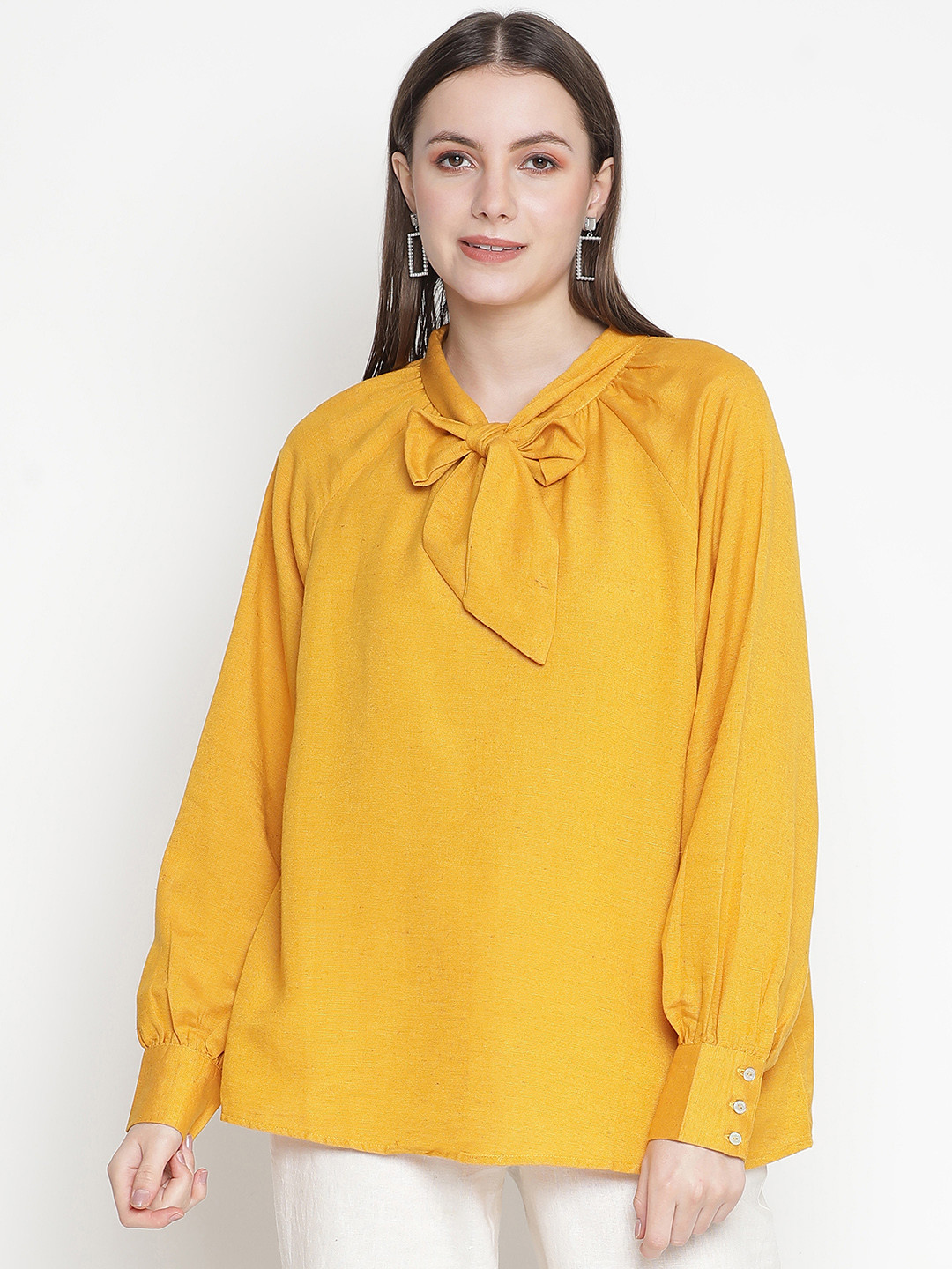 Oxolloxo Yellow Cuff Sleeve Tie-Up Neck Top