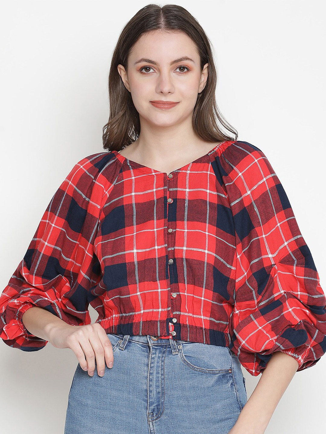 Oxolloxo Red & Blue Checked Blouson Top