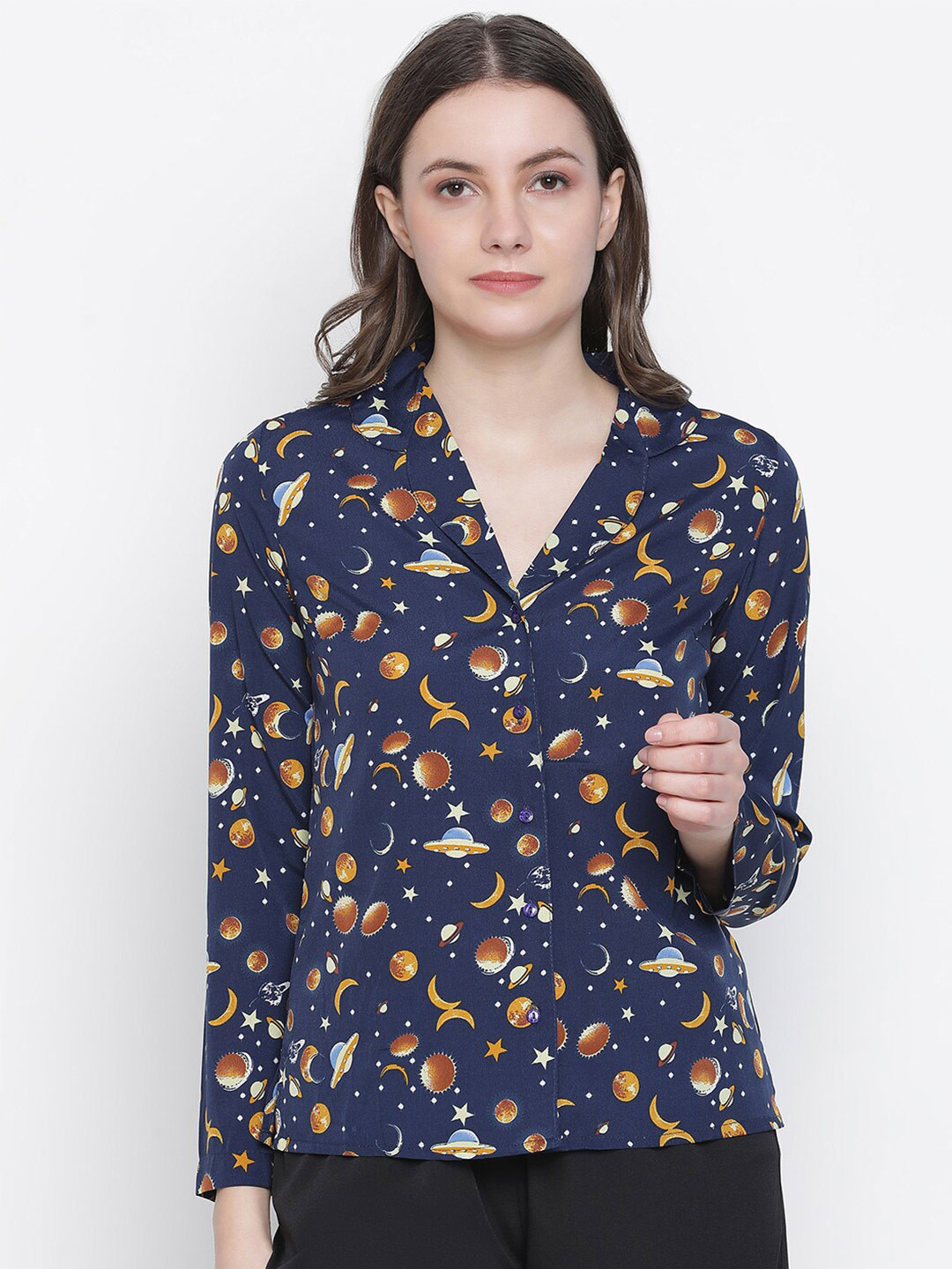 Oxolloxo Women Navy Blue Classic Printed Lounge Shirt