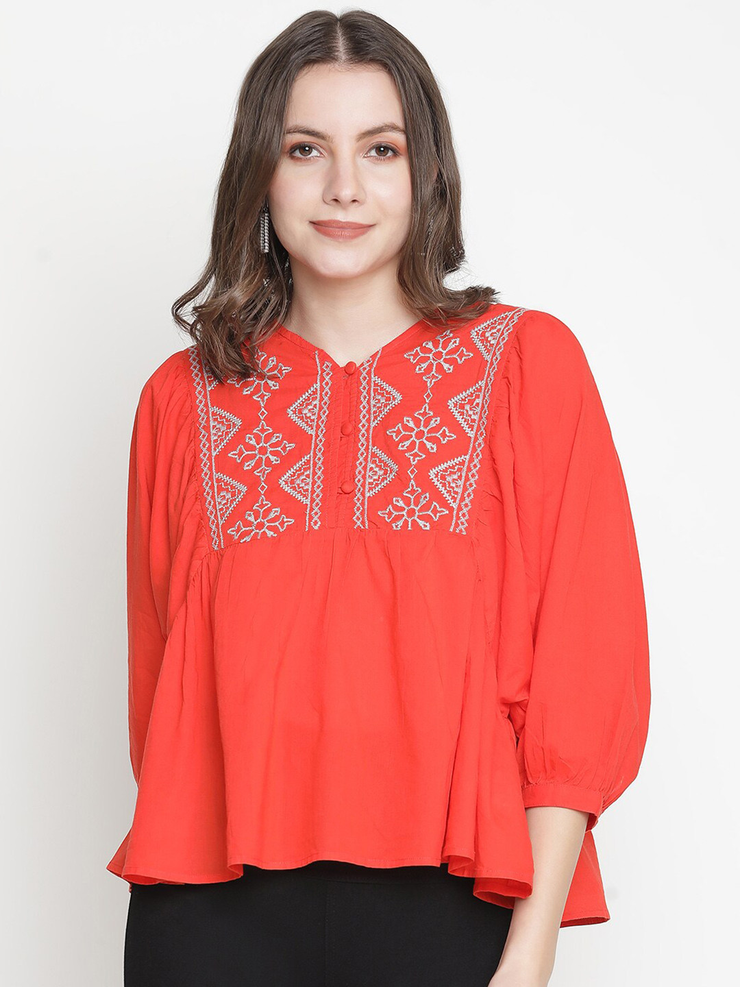 Oxolloxo Red Embroidered Oversized Top