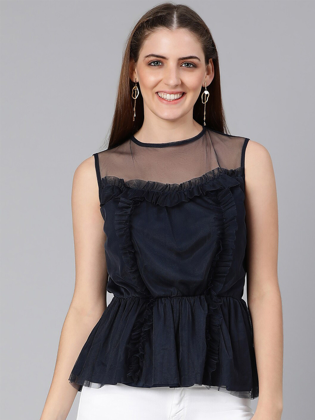 Oxolloxo Navy Blue sapphire Embellished Ruffles Top