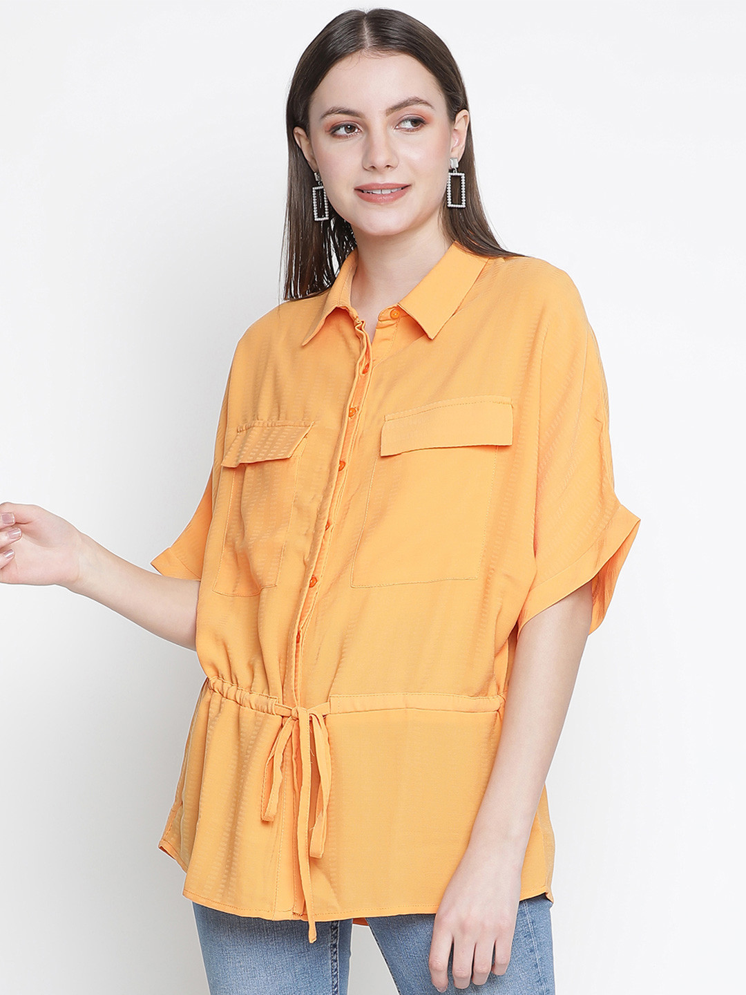 Oxolloxo Orange Tie- Knot Shirt Style Oversized Top