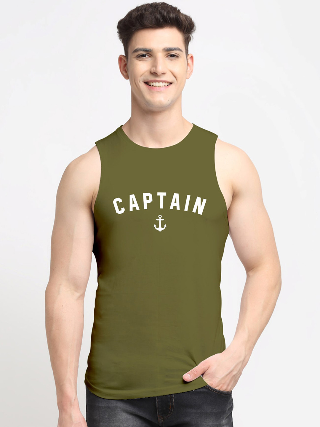 Friskers Men Olive Green Cotton Captain Printed Innerwear Vest