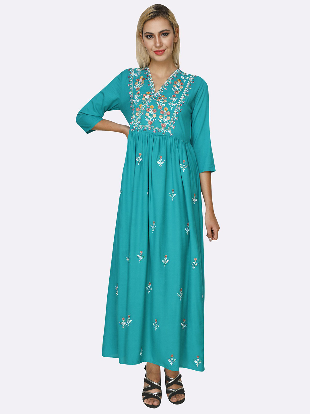 shashvi Teal & Teal Floral Embroidered V-Neck Thread Work Thread Work Anarkali Kurti