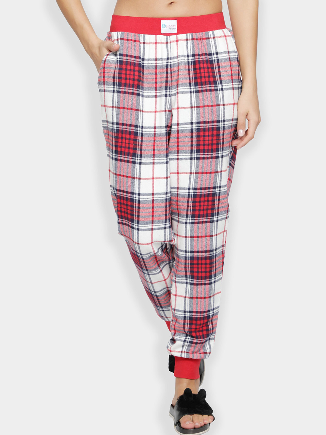 BStories Women Red & White Checked Pure Cotton Joggers