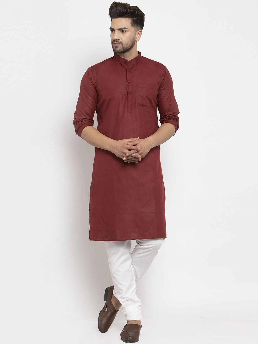 Kaifoo Men Maroon Solid Cotton Blend Long Pathani Kurta